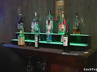 busty babe fucks shemale bartender