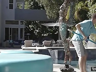 pool boy polished a classy small titted trannys asshole