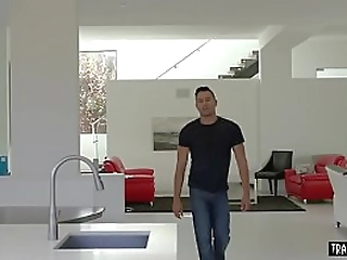 gorgeous shemale with big boobs wakes up and analfucks