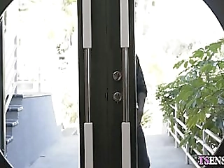 hot busty shemale get down on her knees and taste a cock