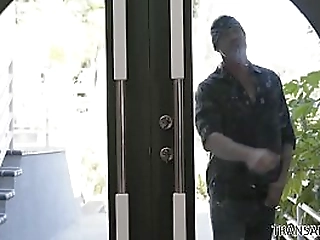 shemale stunner domino strokes oiled she cock